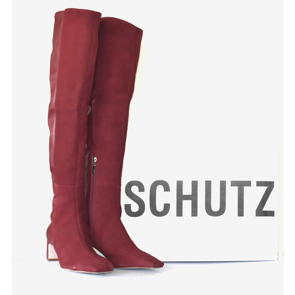 B4 NIB SCHUTZ Donata Red Suede Stretch Back Over The Knee Boot Shoes Size 7.5 B - Picture 1 of 8
